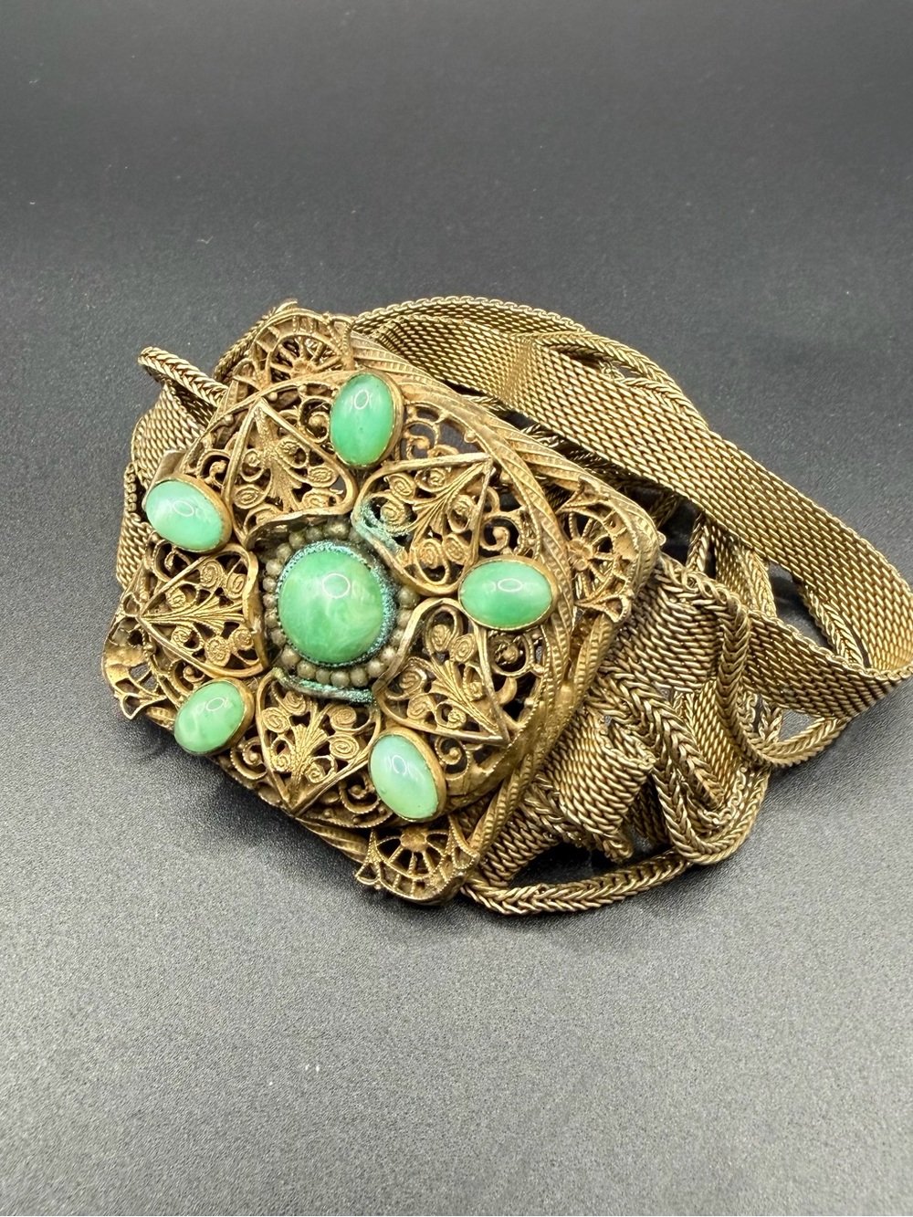 Vintage Art Deco Gold Gilt Filigree Jade Bracelet 6 3/4 IN Chinese Export